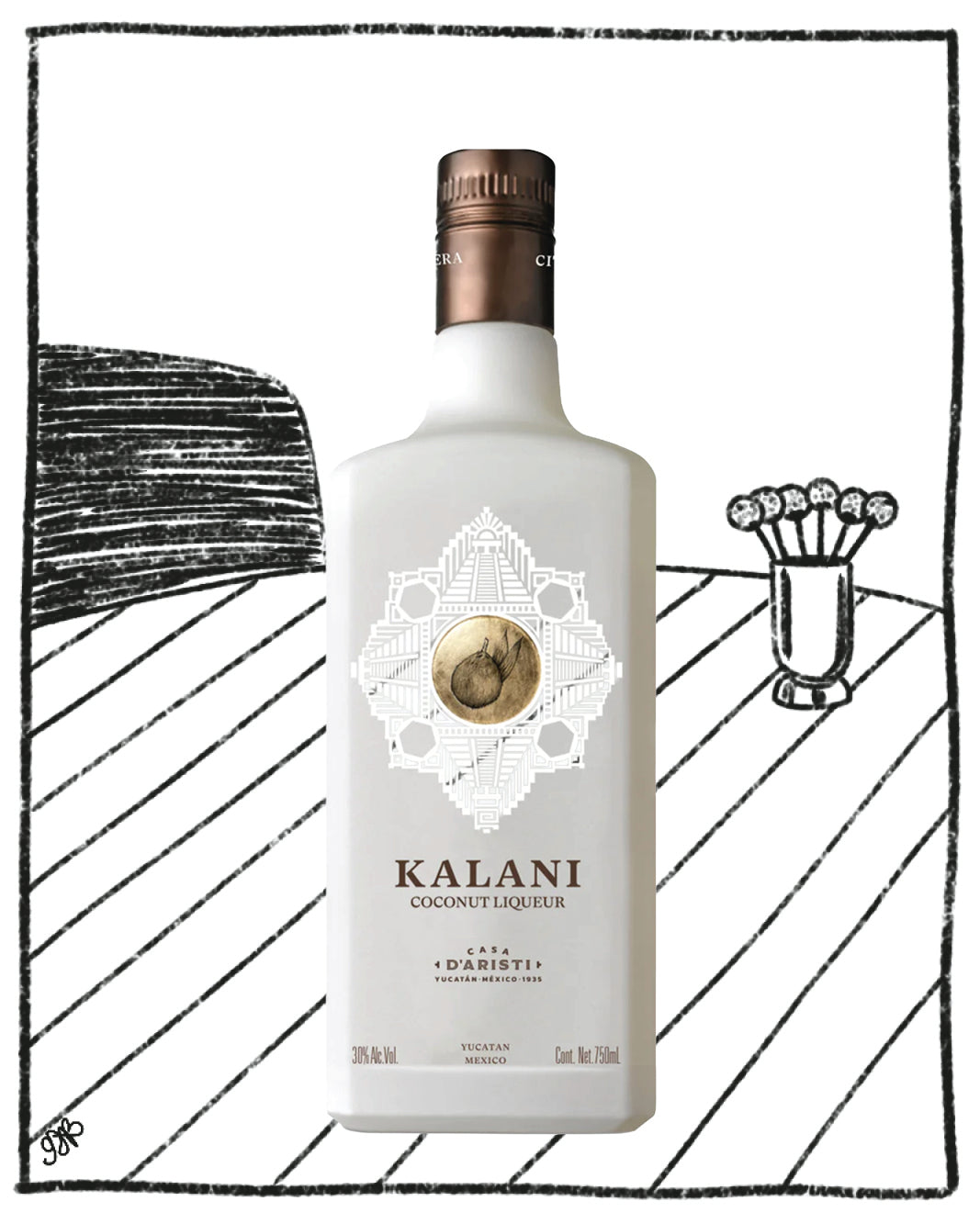 Bottle of Kalani coconut liqueur on a black and white striped background