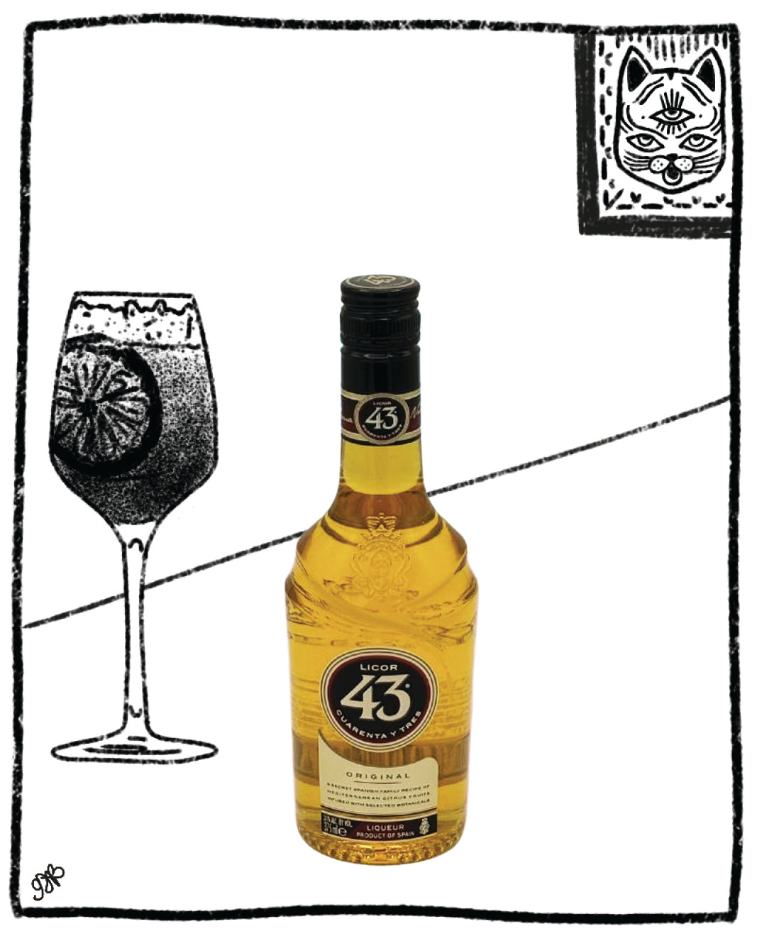 Bottle of Licor 43 with a glass of lime cocktail on a white background