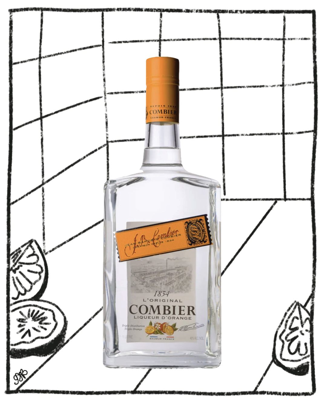 Bottle of Comber liqueur with an orange label on a black and white grid background