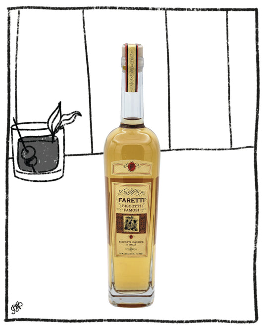 Bottle of Faretti Biscotto Liqueur with a glass of dark liquid on a white background