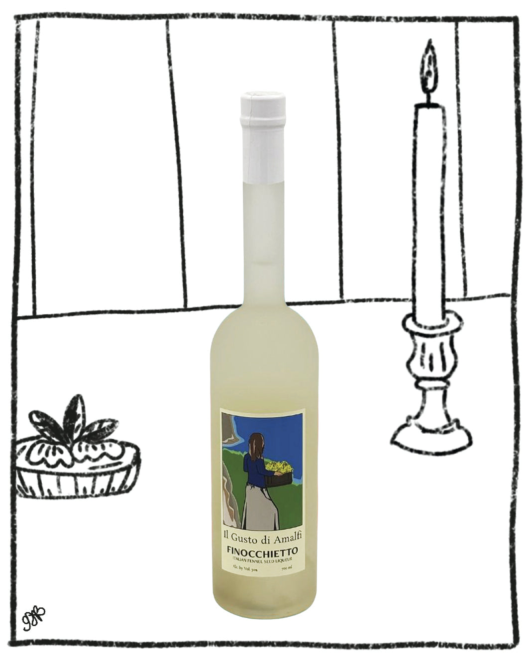 Bottle of Prosecco with a label featuring a person and landscape, placed on a surface with a candle and plant in the background.