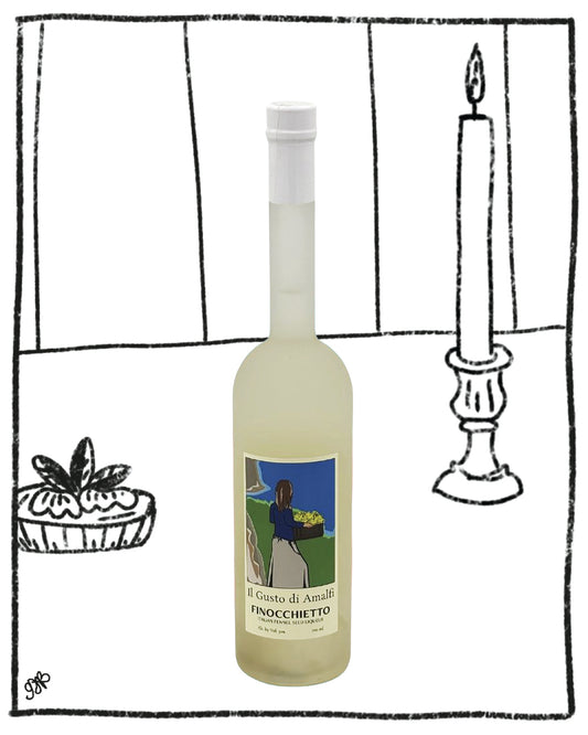 Bottle of Prosecco with a label featuring a person and landscape, placed on a surface with a candle and plant in the background.