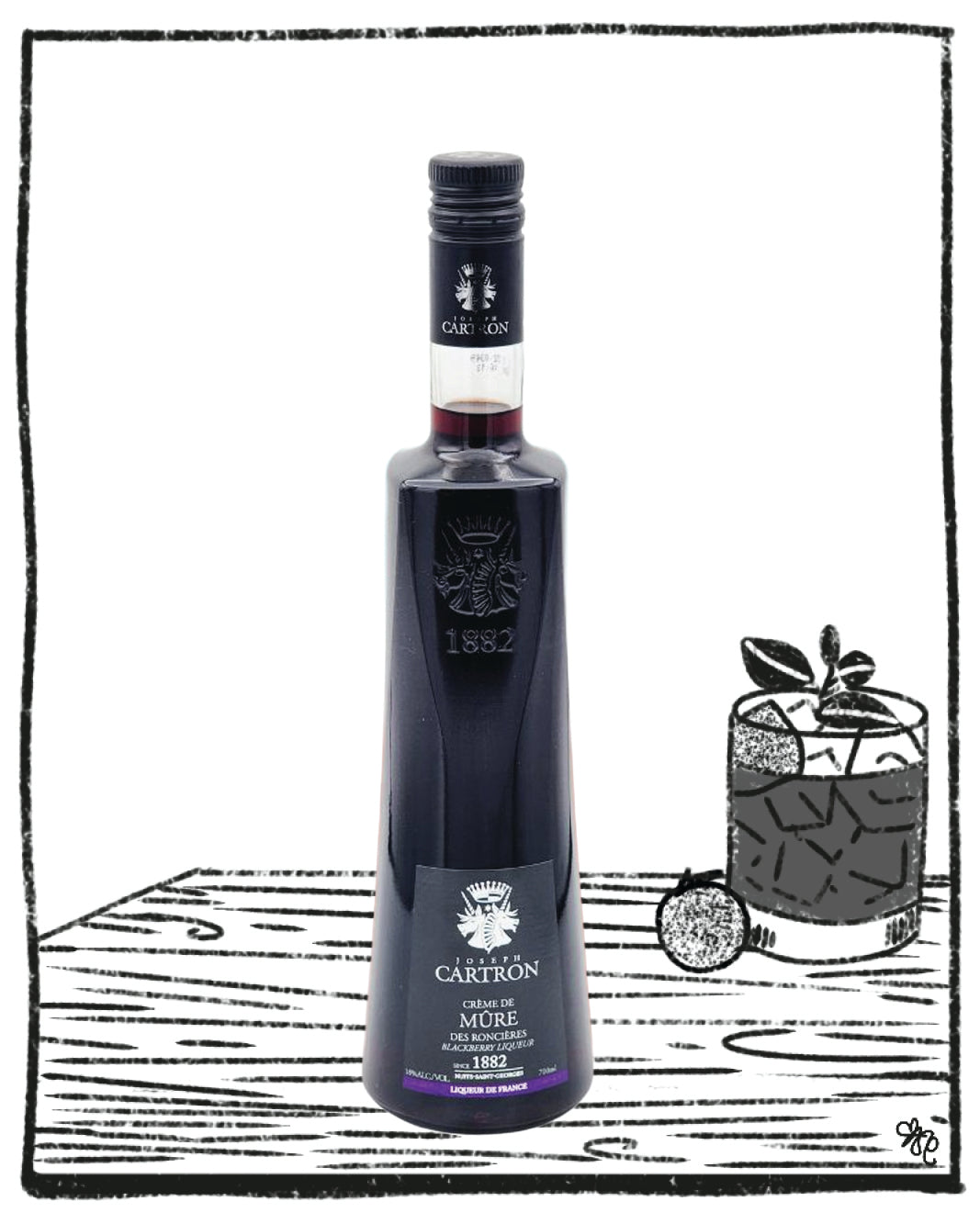 Bottle of Cartron liqueur on a white background with a small illustration of a cocktail.