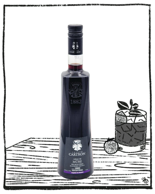 Bottle of Cartron liqueur on a white background with a small illustration of a cocktail.