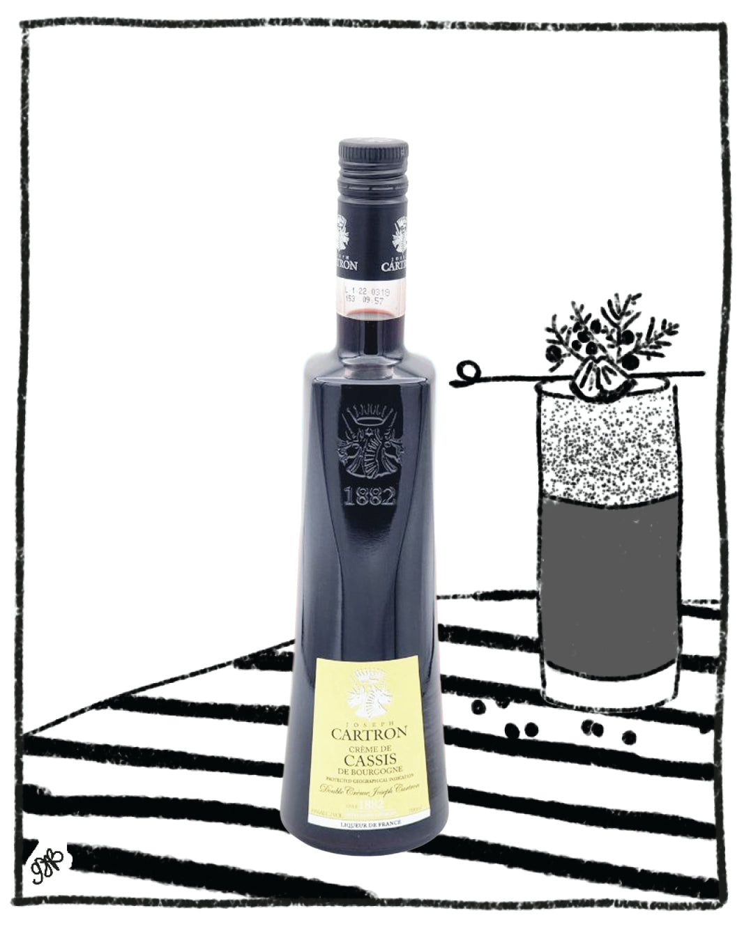 Bottle of Cartron Cassin with a glass illustration on a white background