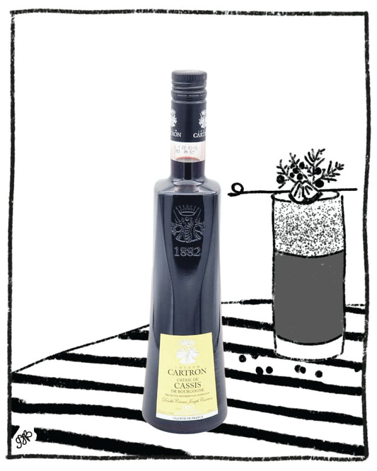 Bottle of Cartron Cassin with a glass illustration on a white background