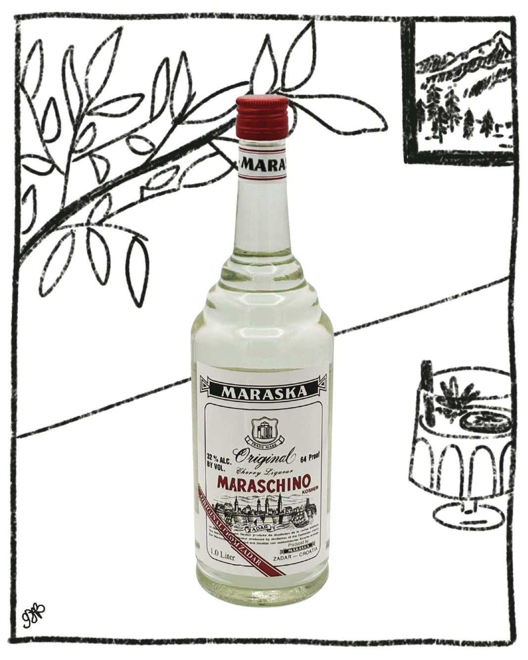Maraska Maraschino bottle with a black and white drawing of a tree and glass in the background