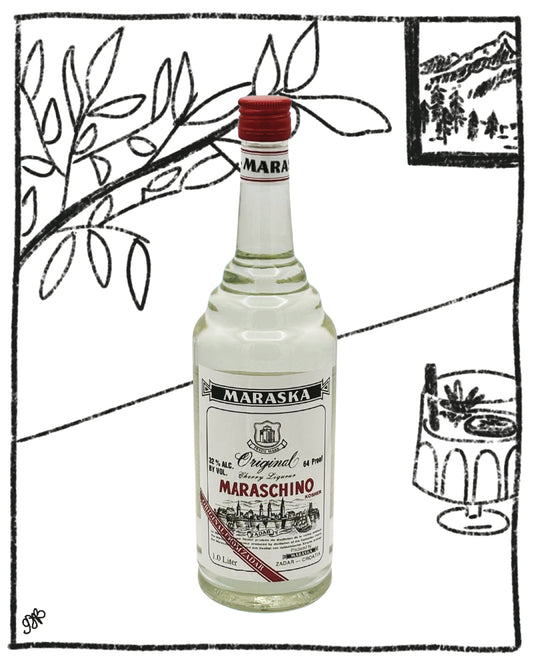 Maraska Maraschino bottle with a black and white drawing of a tree and glass in the background