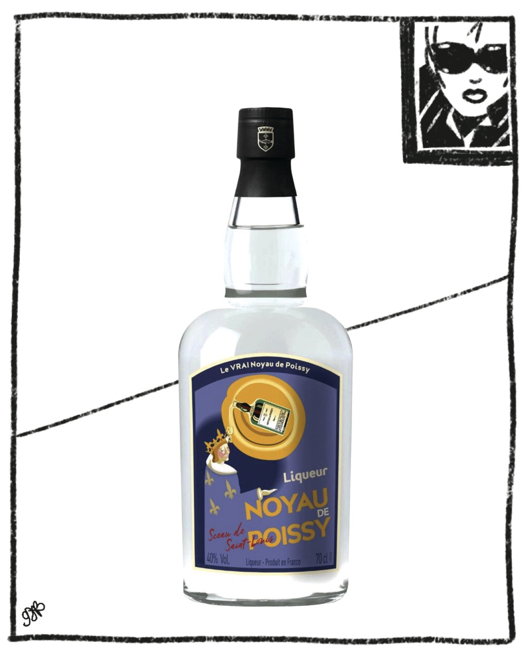 Bottle of Liqueur Noyau de Poissy with a blue label on a white background.