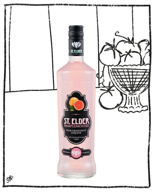 Pink bottle of St. Elder Pamplemousse with a black label on a white background