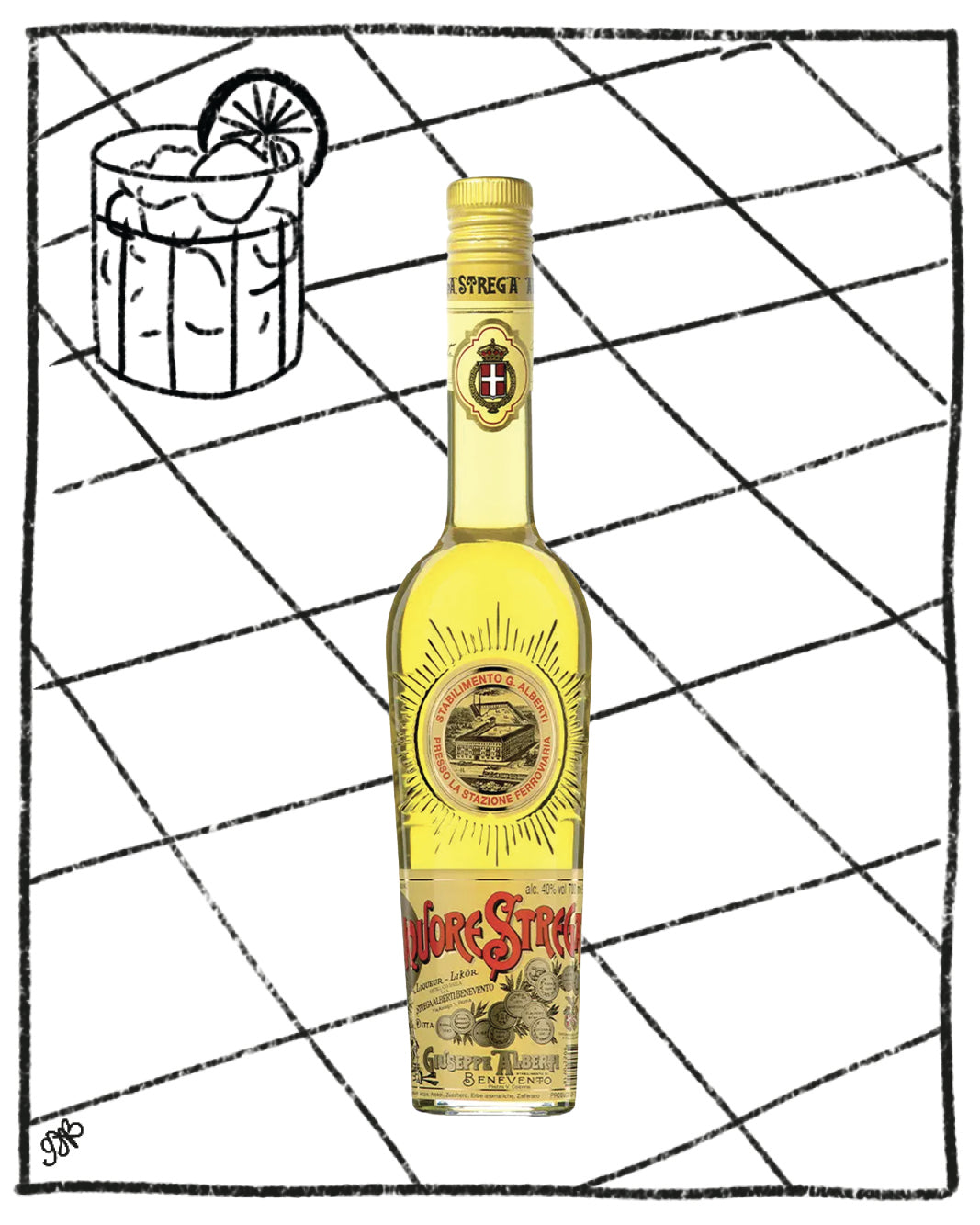 Bottle of Liqueur Strecker with a cocktail on a grid background