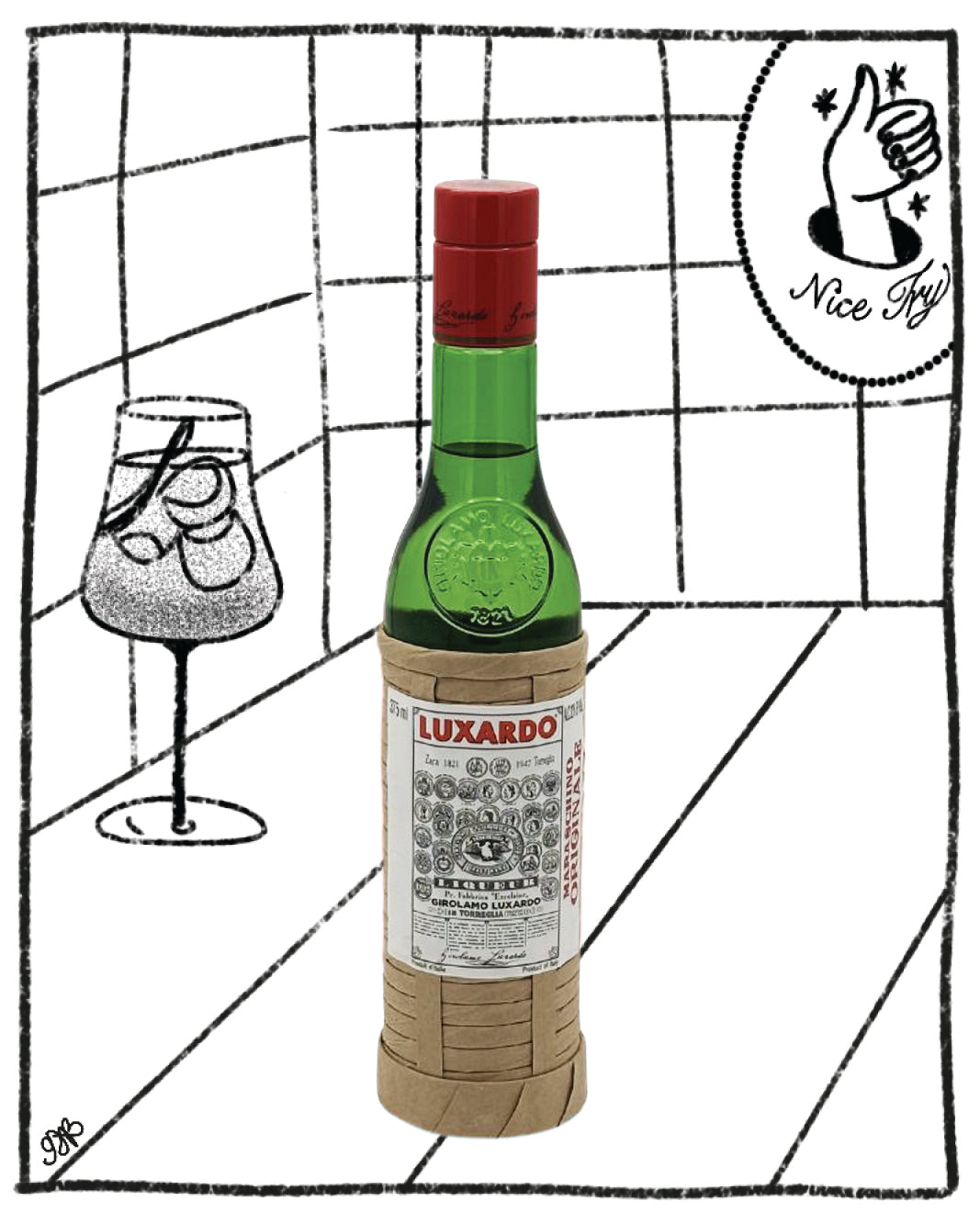 Bottle of Luxardo with a glass illustration on a grid background
