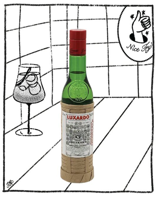 Bottle of Luxardo with a glass illustration on a grid background
