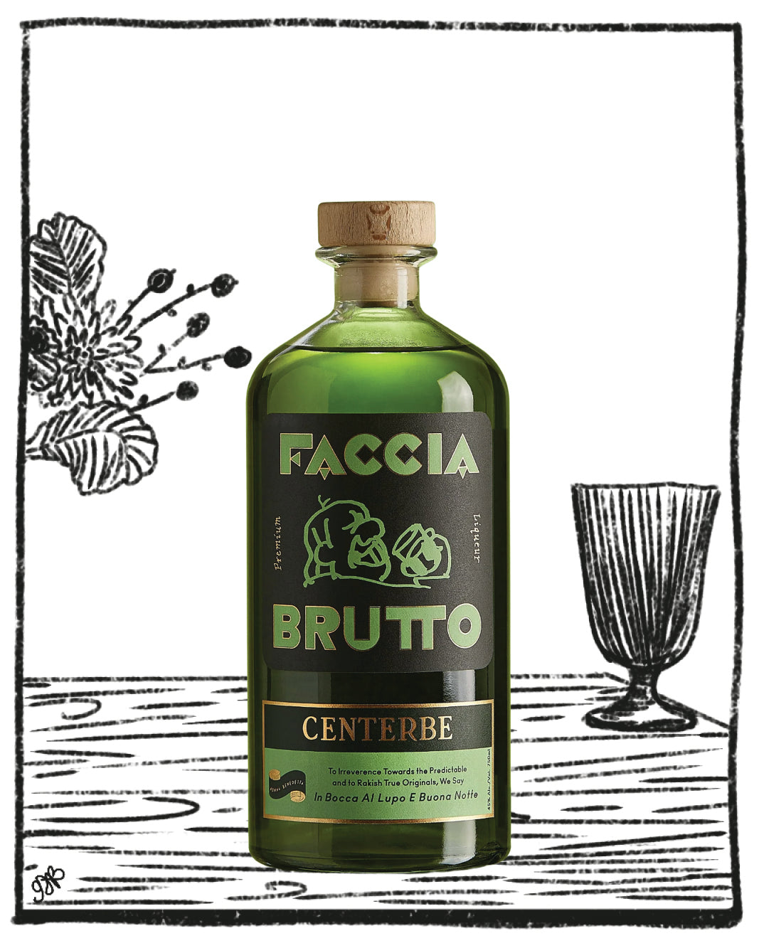 Green bottle labeled 'Faccia Brutto' with a decorative background