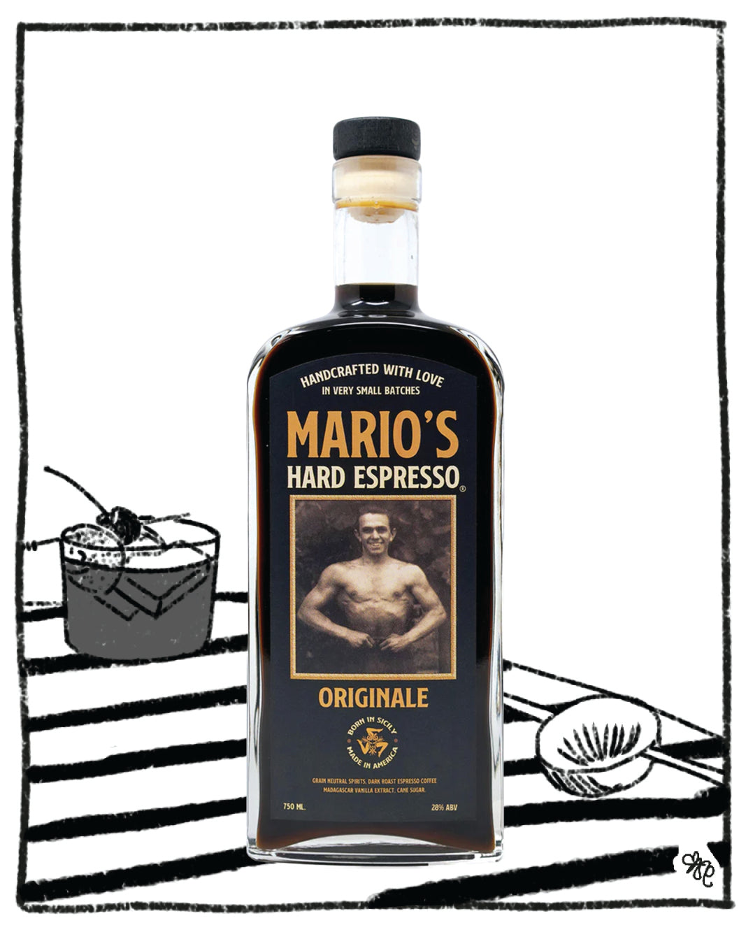 Bottle of Mario's Hard Espresso with a black and white illustration in the background