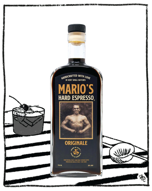 Bottle of Mario's Hard Espresso with a black and white illustration in the background