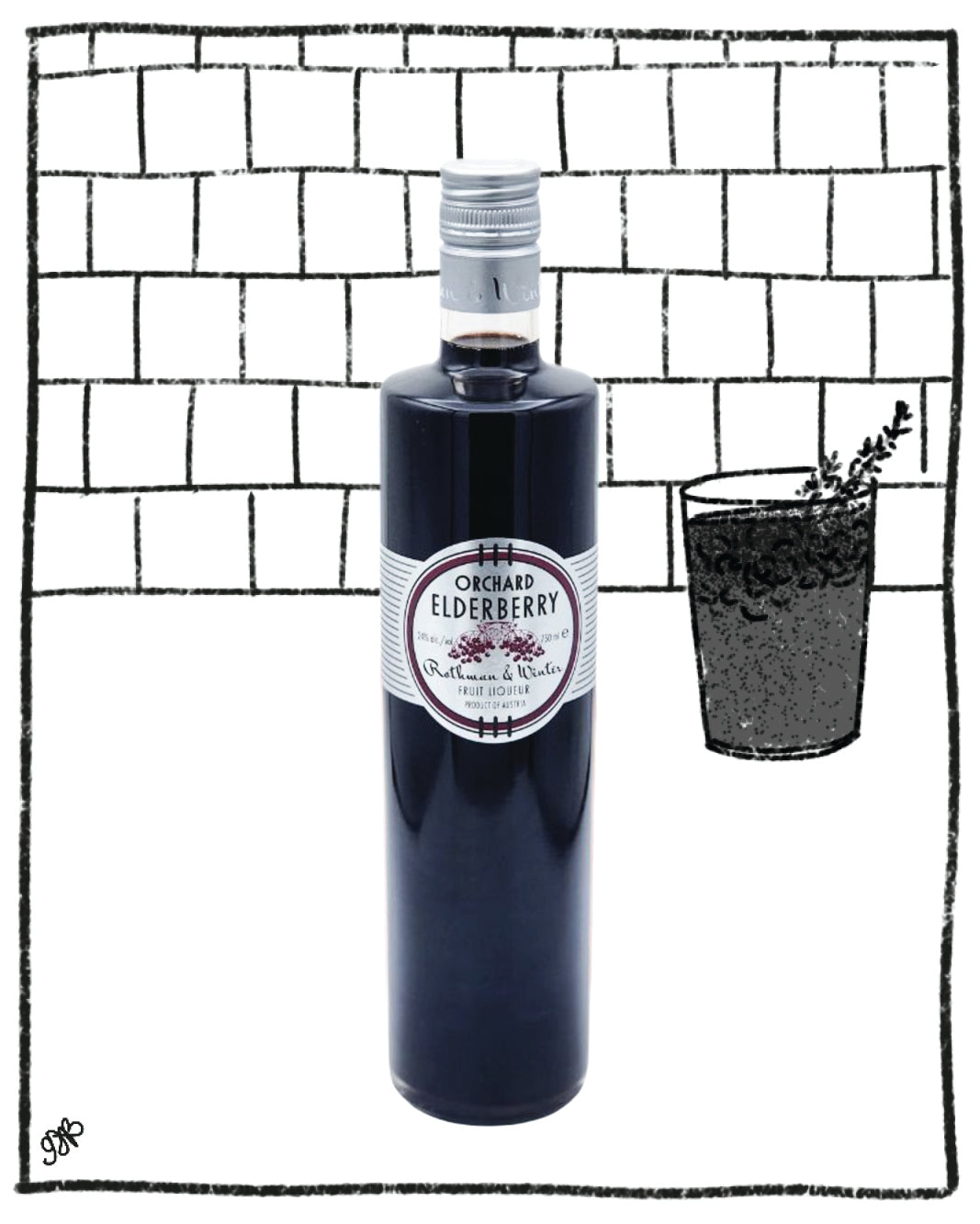 Bottle of Orchard Elderberry syrup with a glass of elderberry juice on a tiled background
