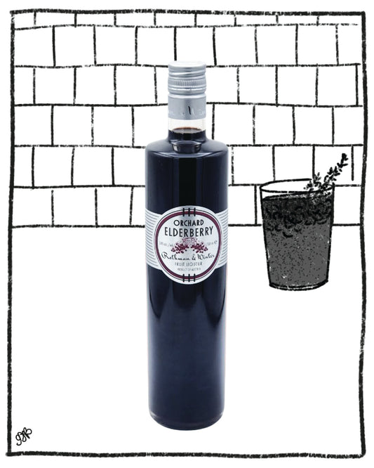 Bottle of Orchard Elderberry syrup with a glass of elderberry juice on a tiled background