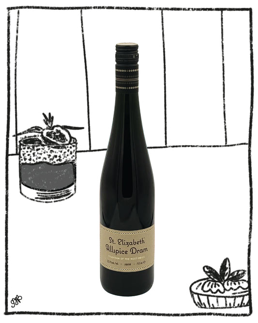 Bottle of St. Elizabeth Allipice Dram with a glass of dark liquid on a black and white background