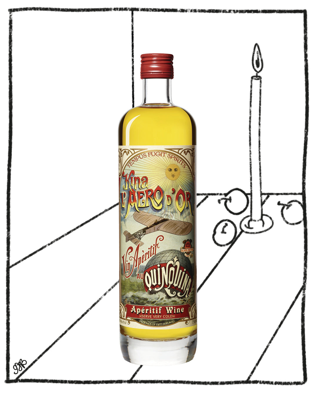 Bottle of 'The Quinquin' aperitif wine with a label featuring a penguin, next to a candle on a white background.