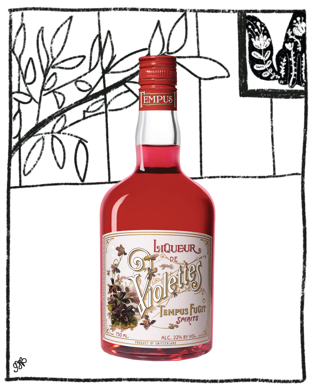 Bottle of Liqueur de Violette with a red cap on a white background