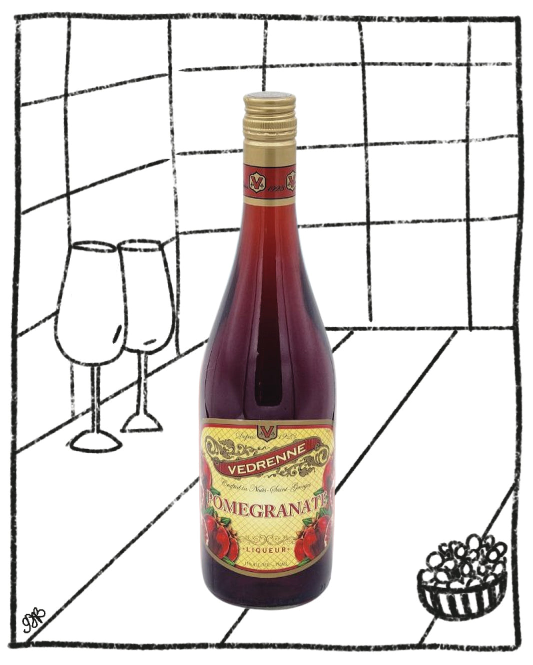 Bottle of Vedrenne Pomegranate liqueur with a decorative background
