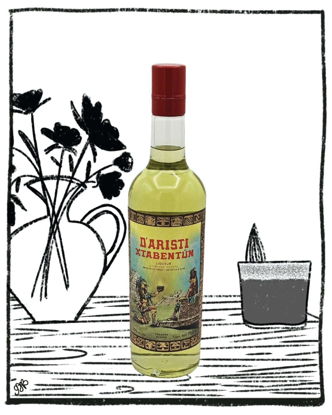 Bottle of D' Aristi XtabentÃƒÂ³n with decorative elements on a white background
