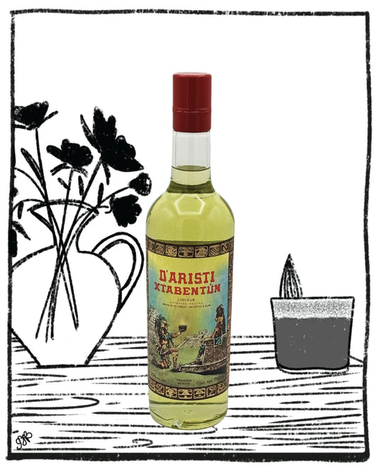 Bottle of D' Aristi XtabentÃƒÂ³n with decorative elements on a white background
