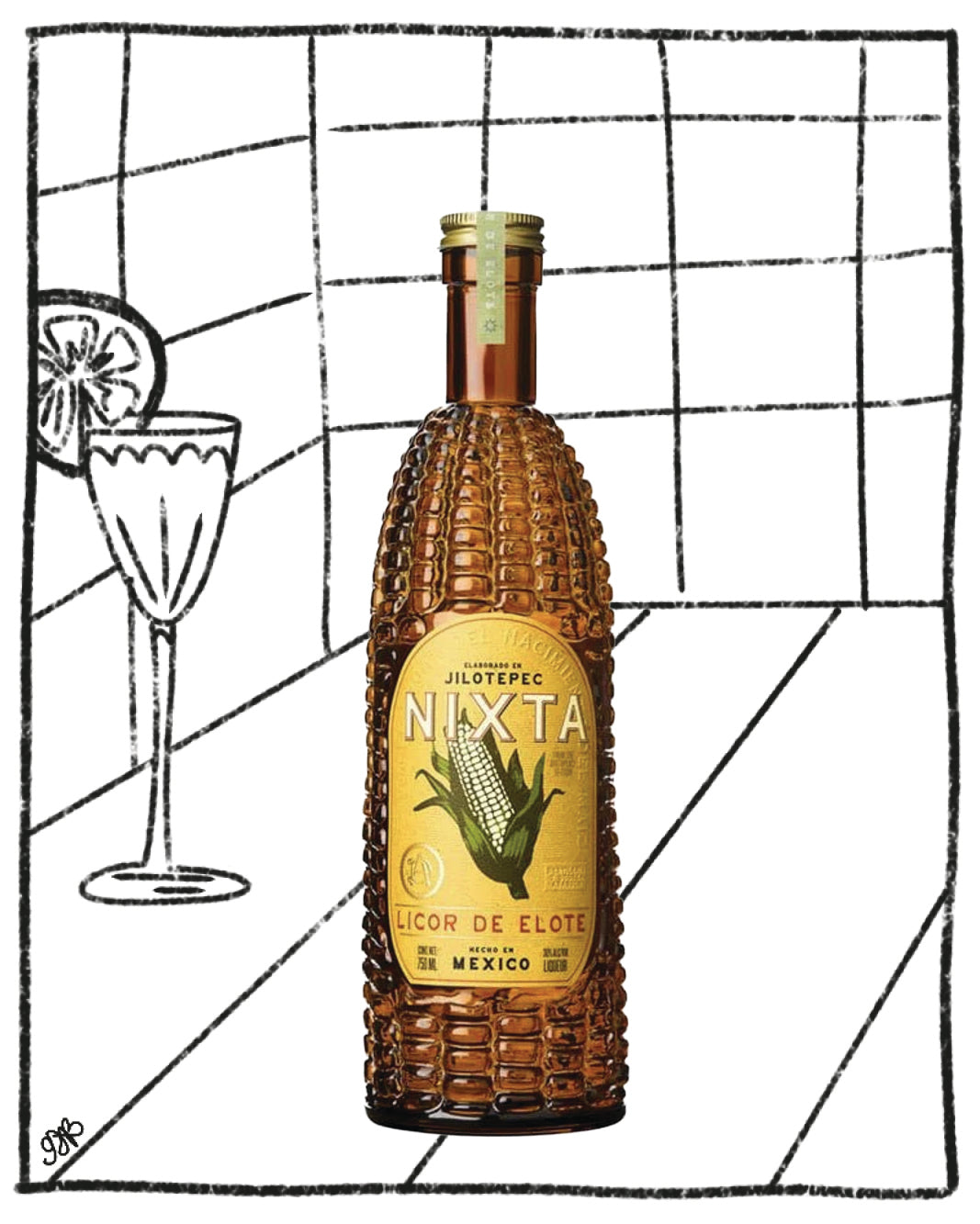Bottle of Nixta Licor de Elote on a grid background with a glass and lime wedge.