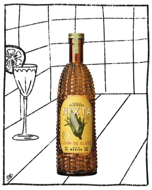 Bottle of Nixta Licor de Elote on a grid background with a glass and lime wedge.