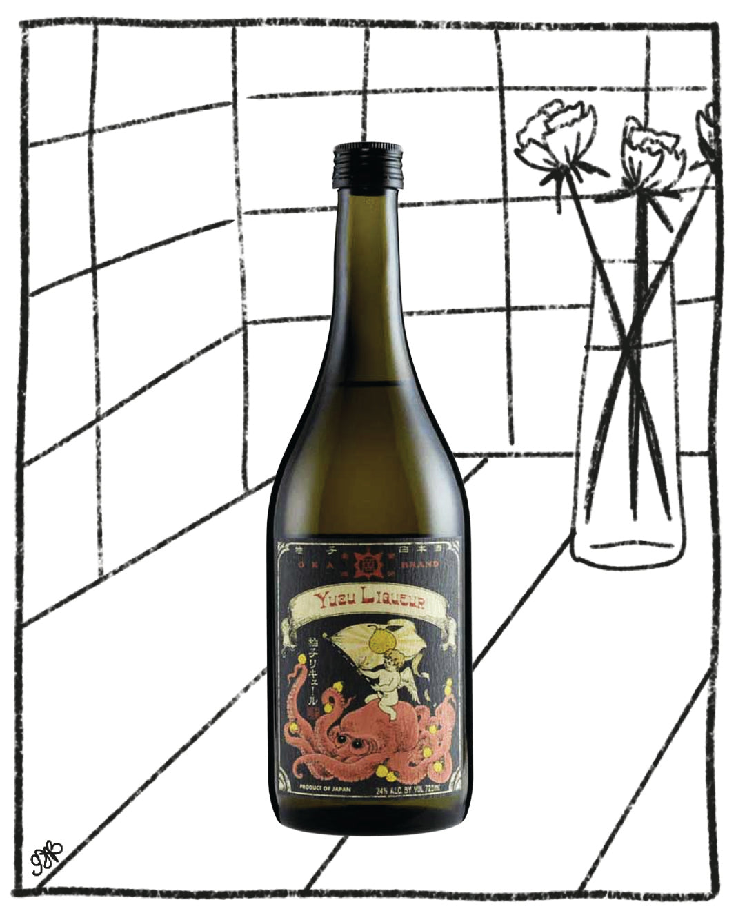 Bottle of Yuki Lelouch with decorative label on a grid background