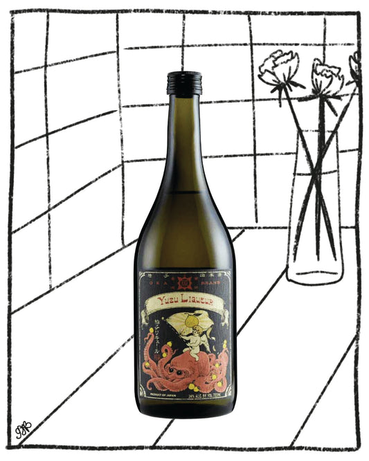Bottle of Yuki Lelouch with decorative label on a grid background
