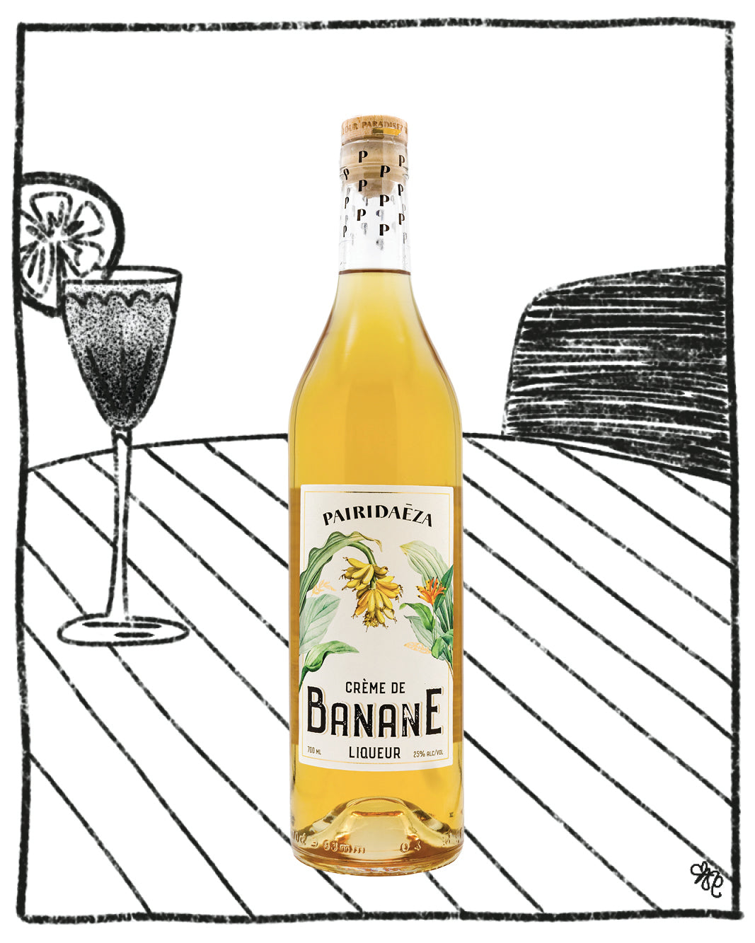 Bottle of CrÃƒÂ¨me de Banane liqueur with a glass and lime wedge on a black and white background