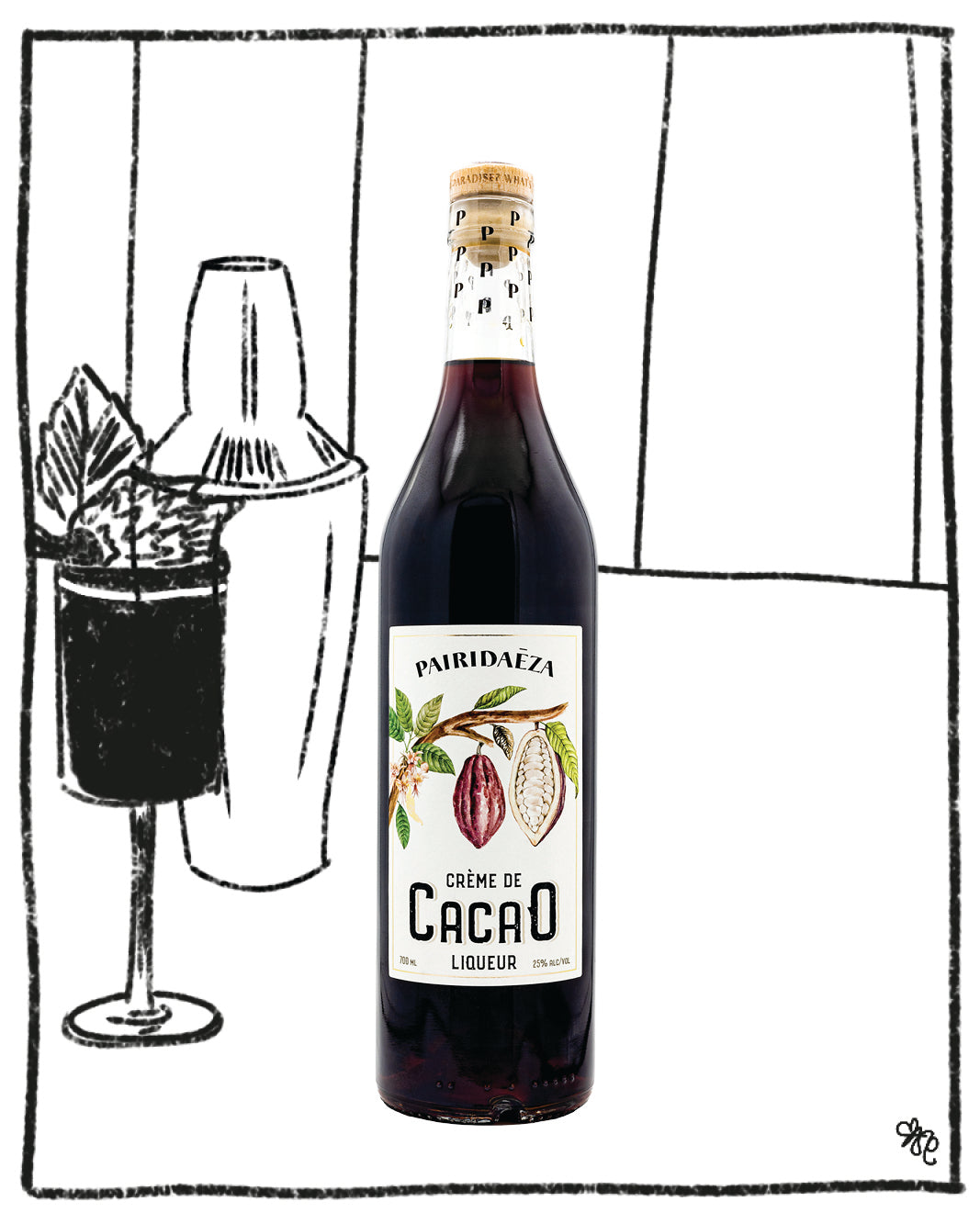 Bottle of Pairidaeza Creme de Cacao liqueur with a cocktail in the background