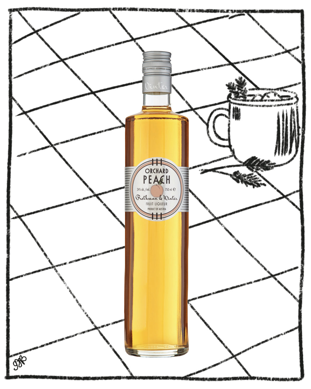 Bottle of Orchard Peach liquor with a decorative background