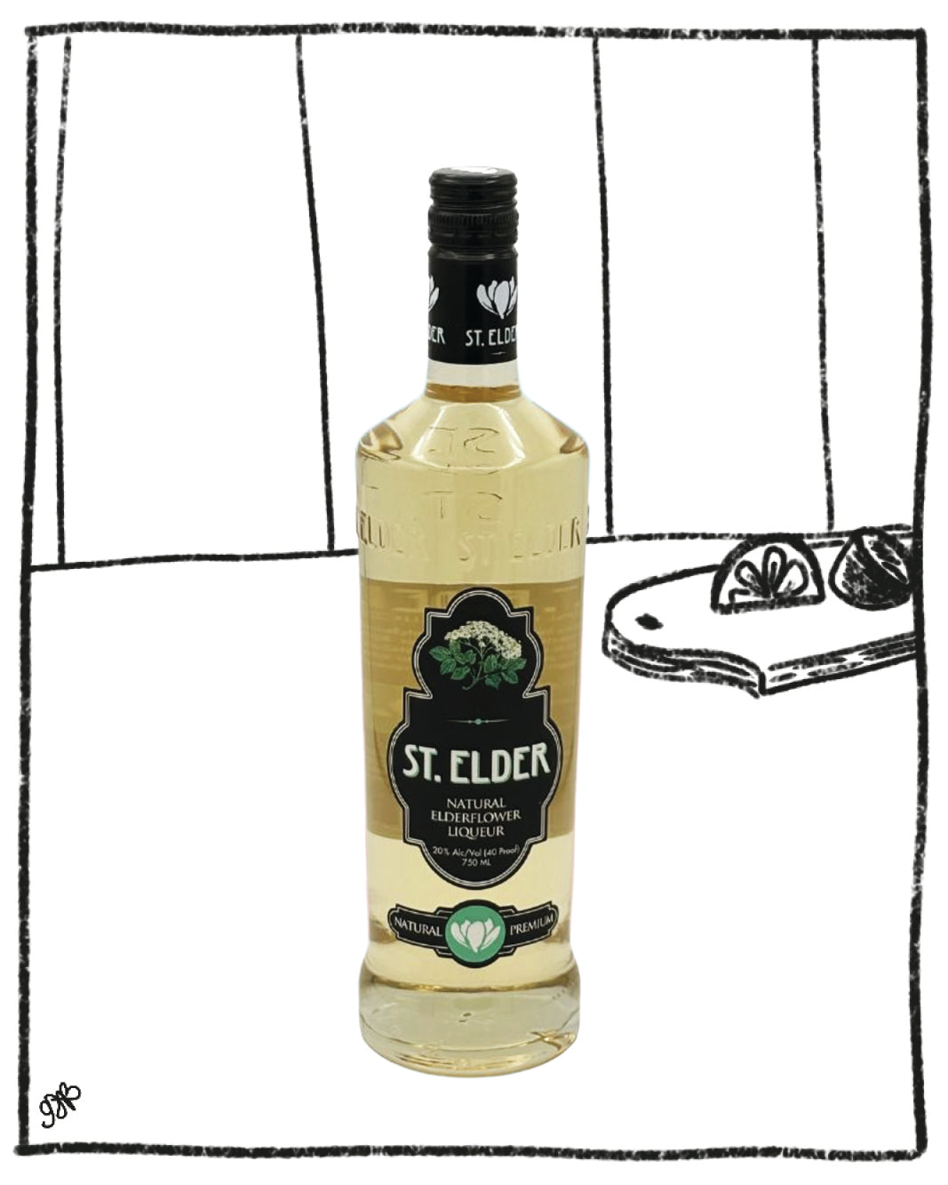 Bottle of St. Elder liqueur with a black and white illustration in the background