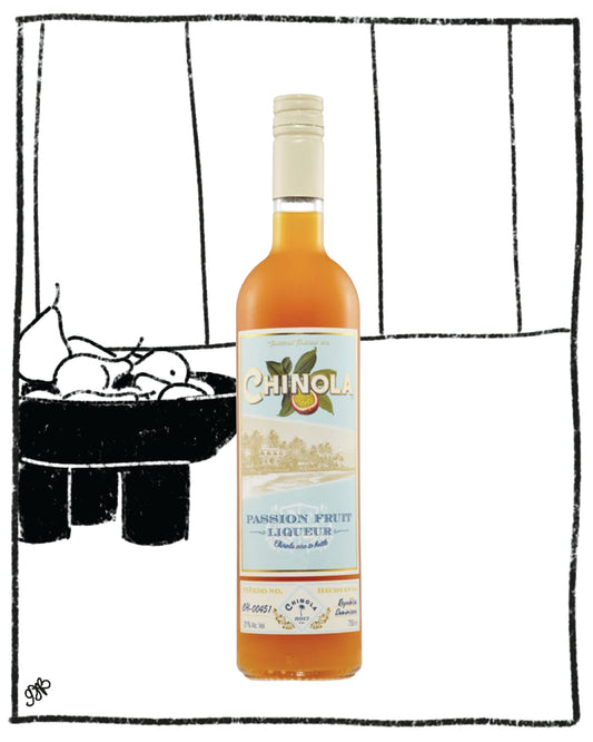Bottle of Chinola Passion Fruit Liqueur with a black and white illustration in the background