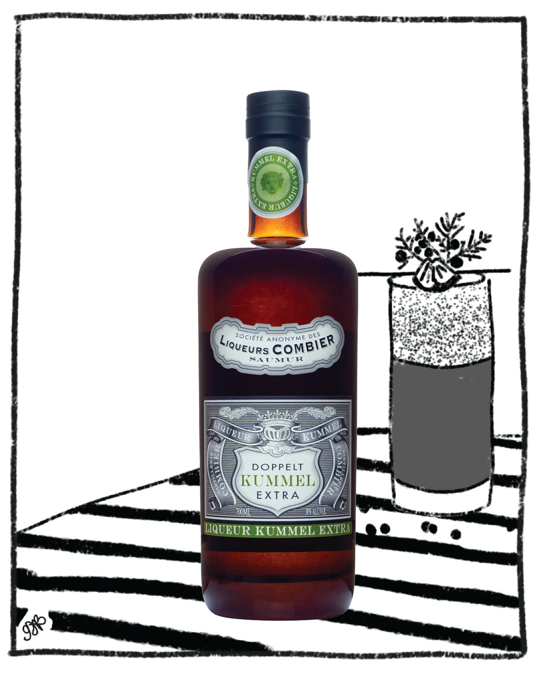 Bottle of Liqueurs Combier Kummel Extra with a glass illustration in the background