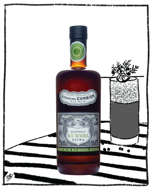 Bottle of Liqueurs Combier Kummel Extra with a glass illustration in the background