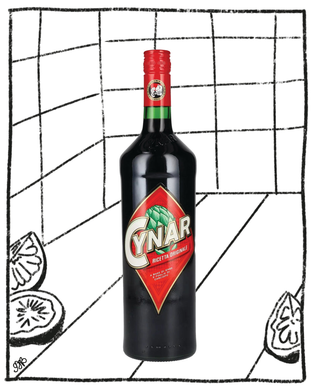Bottle of Cynar on a black and white grid background with lemon slices.