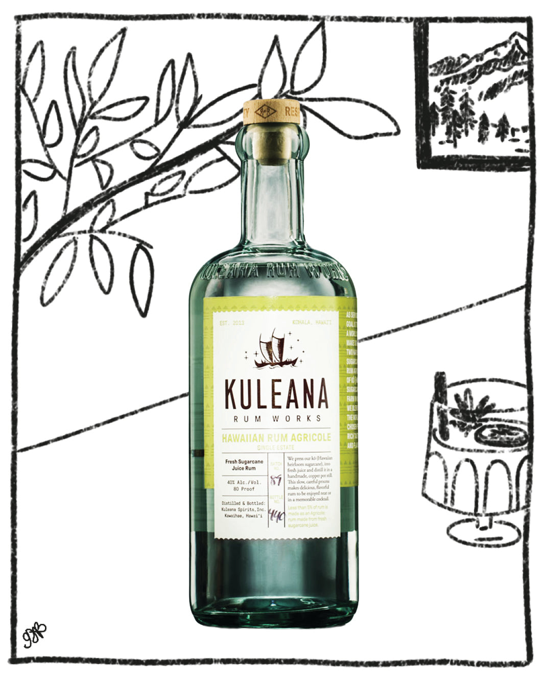 Kuleana rum bottle with a decorative background