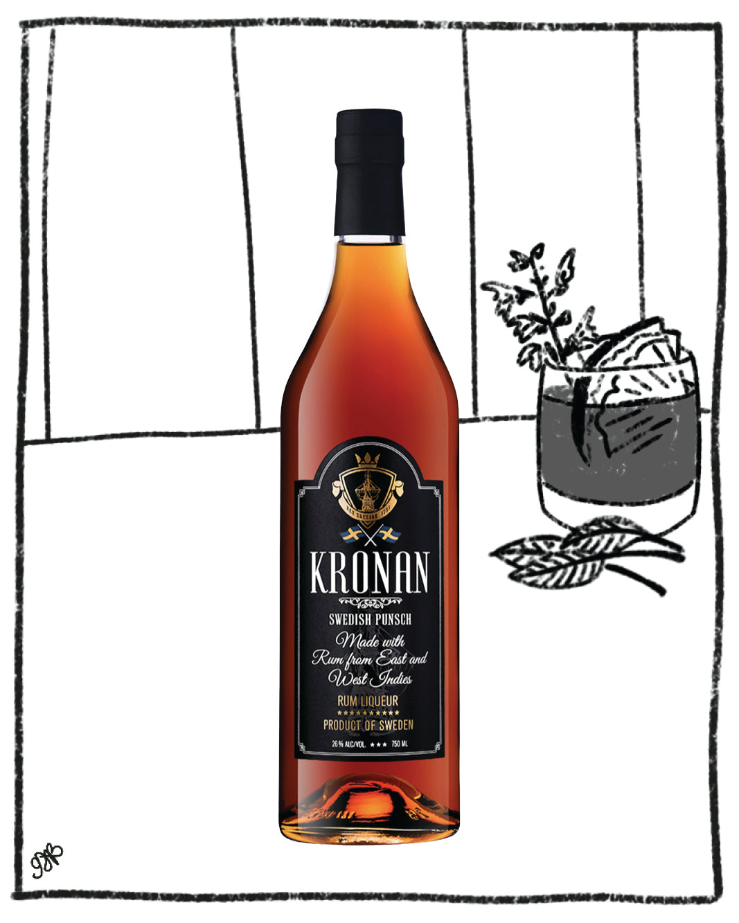 Bottle of Kronan Brandy with a decorative background