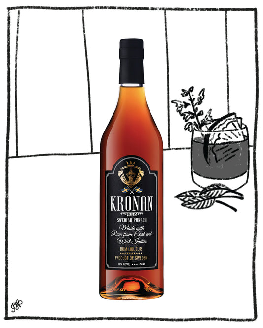 Bottle of Kronan Brandy with a decorative background