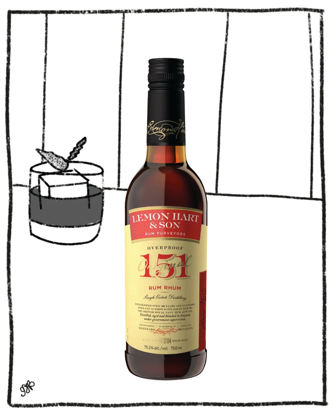 Bottle of Lemon Hart & Son 151 Rum with a glass of milk and cookies on a white background.