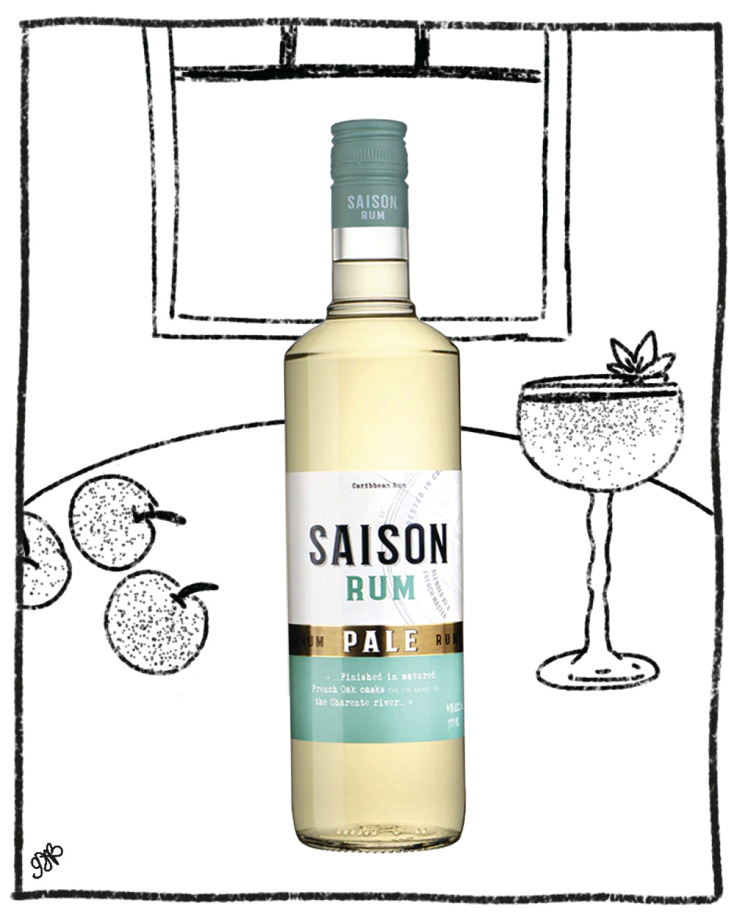 Bottle of Saison Rum with a drawing of cherries and a cocktail glass in the background