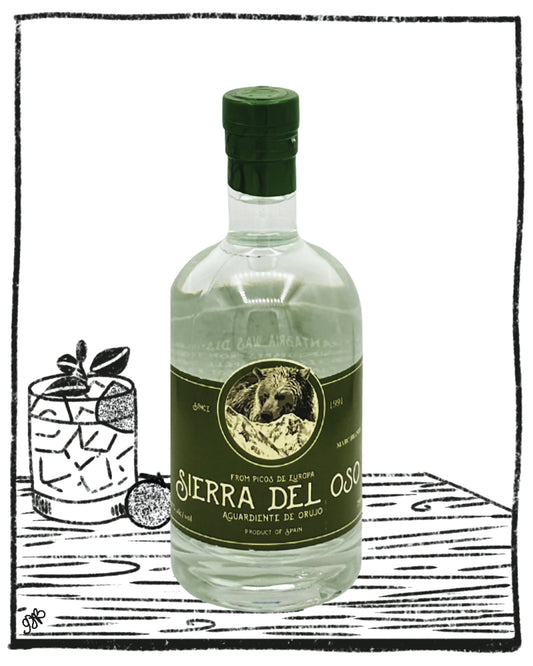 Bottle of Sierra Del Oso aquavite with a black and white illustration of a glass and ice cube in the background.