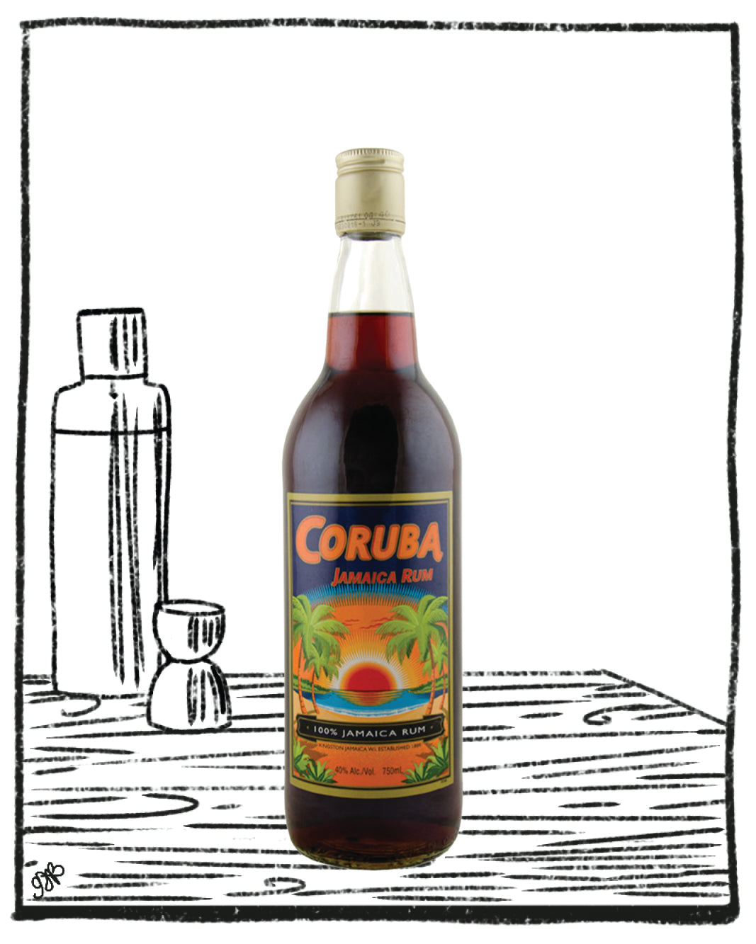 Bottle of Coruba Jamaica rum on a white background with a black border