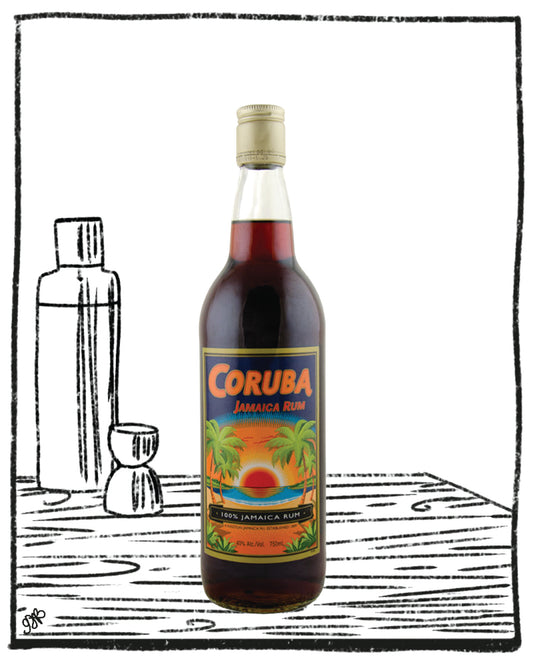 Bottle of Coruba Jamaica rum on a white background with a black border