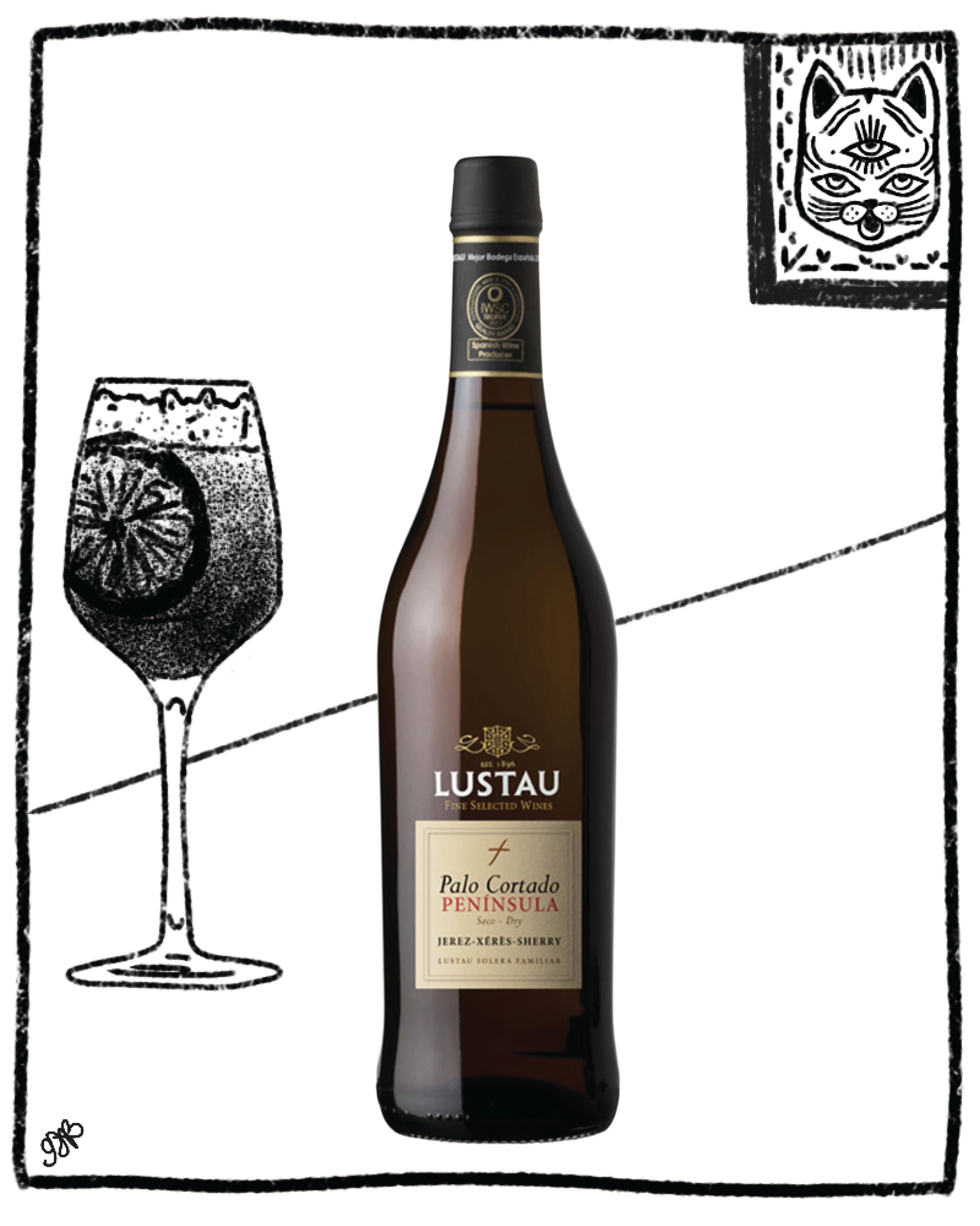 Lustau wine bottle with a glass illustration on a white background