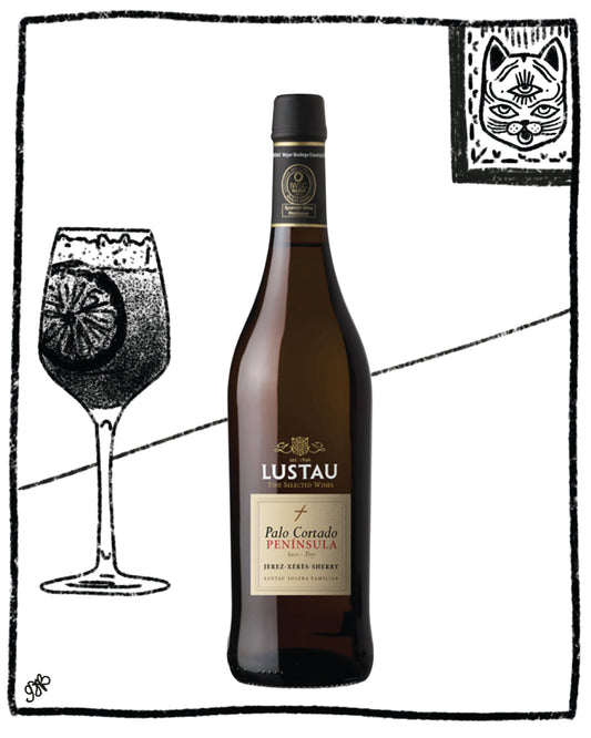 Lustau wine bottle with a glass illustration on a white background